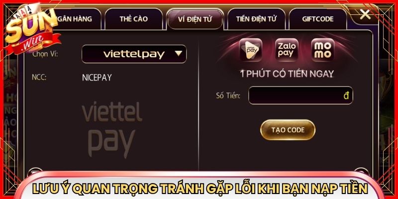 Lưu ý quan trọng tránh gặp lỗi khi bạn nạp tiền Sunwin