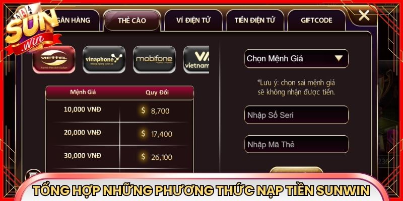 Tổng hợp những phương thức nạp tiền Sunwin phổ biến